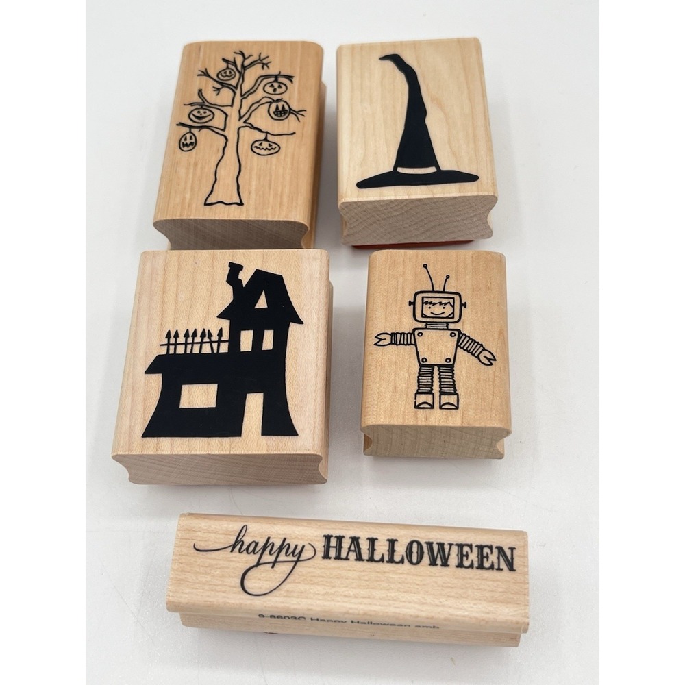 A Muse Artstamps Halloween Rubber Stamps Lot 5 Haunted House Witch Robot Tree